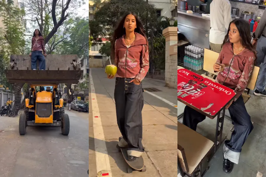 Diya Jaukany, the 'Cool Girl from India', in her viral video sipping tea and riding a JCB arm with a calm expression.