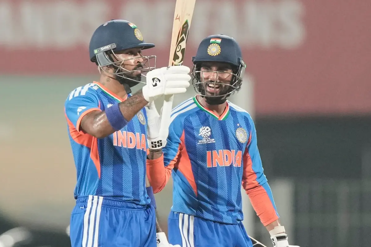 India's Hardik Pandya, left, celebrates his fifty runs during the T20 World Cup cricket match between India and Zimbabwe in Chennai | Photo: AP