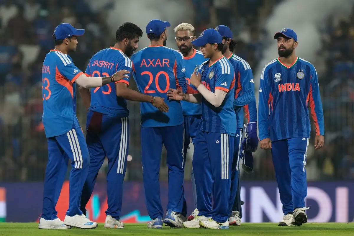 Indian players celebrate after winning the T20 World Cup cricket match between India and Zimbabwe | Photo: AP