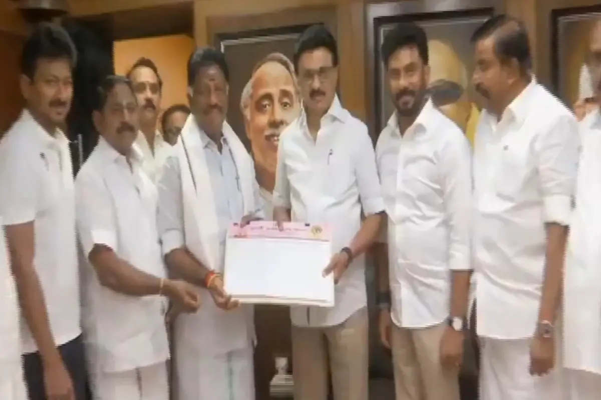 Former Chief Minister and expelled AIADMK leader O. Panneerselvam with DMK party chief and CM MK Stalin, Deputy CM Udhyanidhi Stalin and others.| Photo: Screengrab: ANI