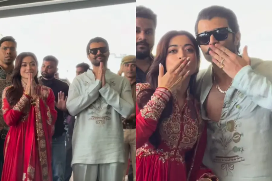 First Appearance Post-Wedding: Rashmika and Vijay Blow Flying Kisses to Paparazzi in Udaipur