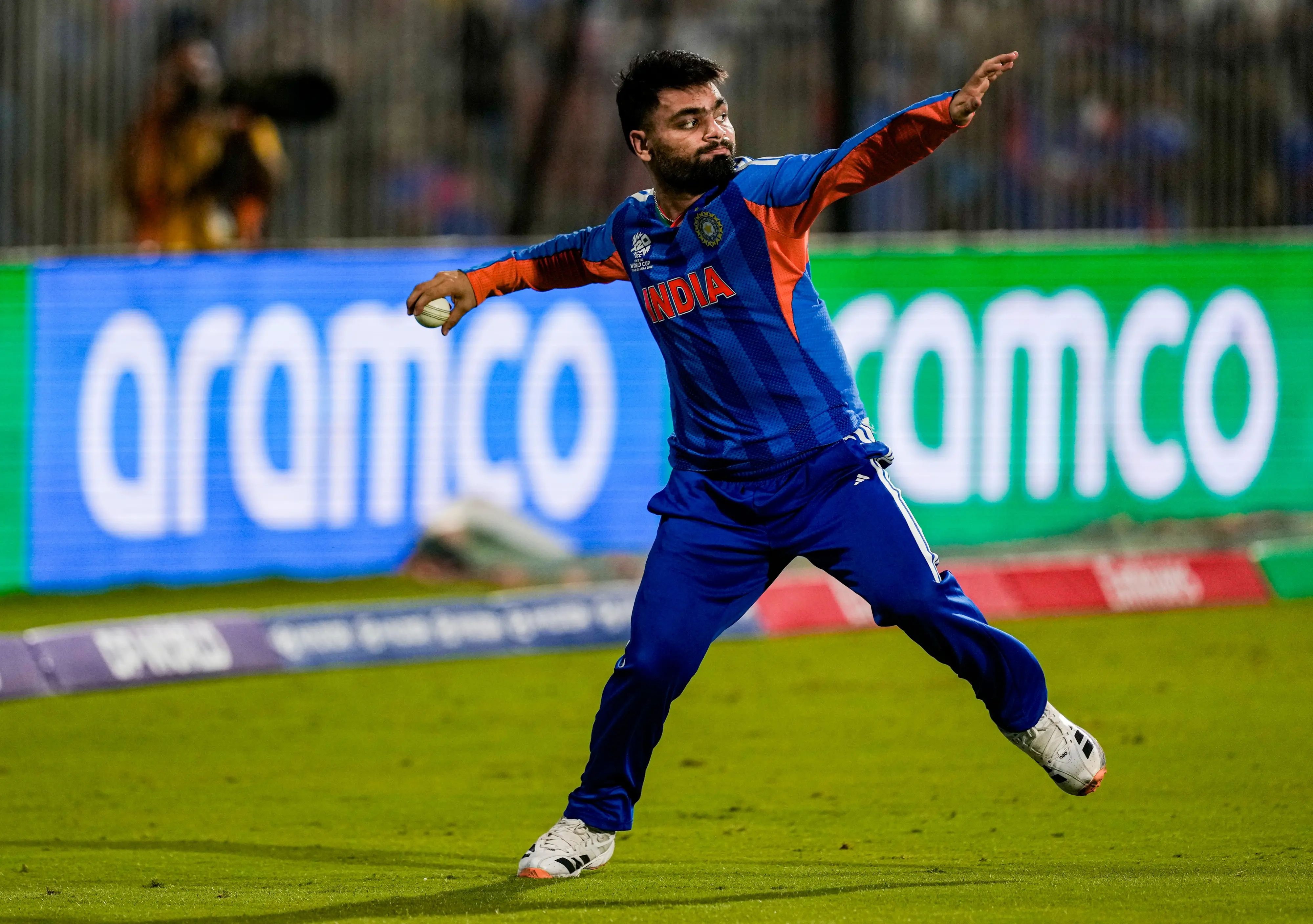India's Rinku Singh throws the ball during an ICC Men's T20 World Cup 2026 cricket match between India and Zimbabwe | Photo: PTI