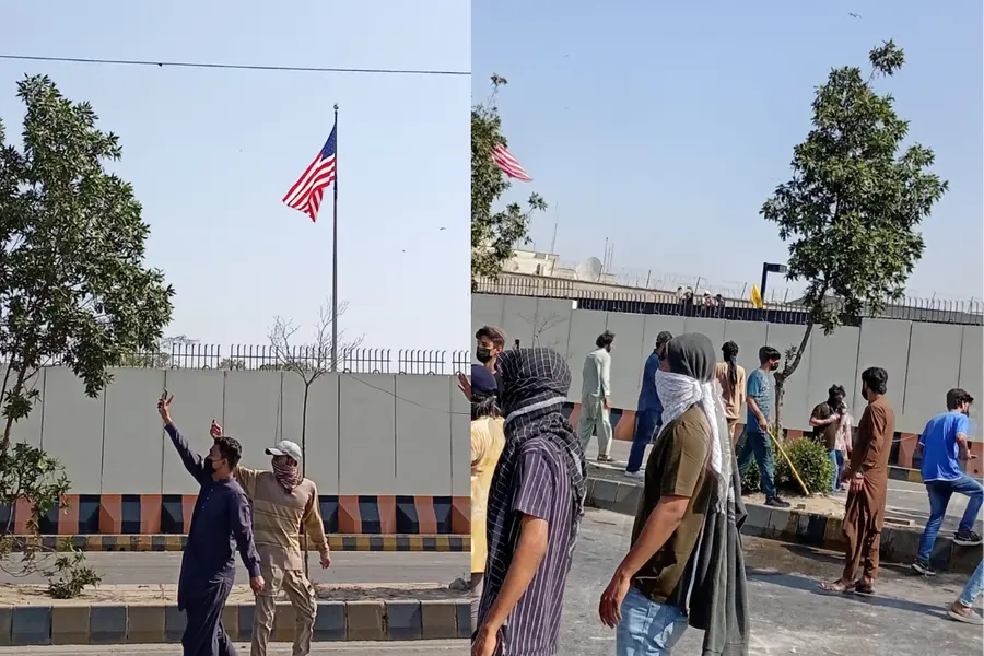 Visuals on social media showing protest outside US embassy in Karachi