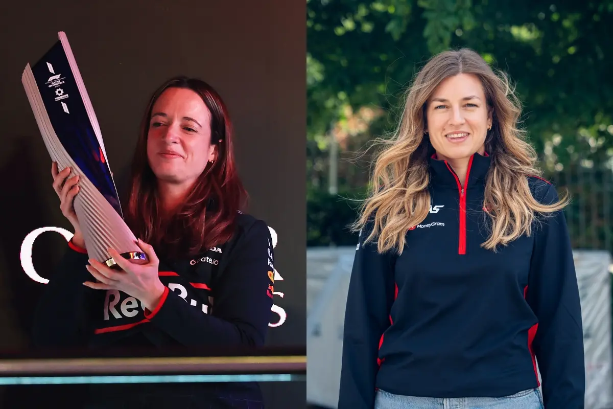 Red Bull's head of strategy, Hannah Schmitz (L) and Haas race engineer Laura Mueller