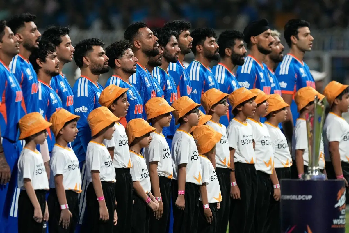 India's players stand up for the national anthems before the start of the T20 World Cup cricket match between India and West Indies in Kolkata, India, Sunday, March 1, 2026 (Photo: AP)