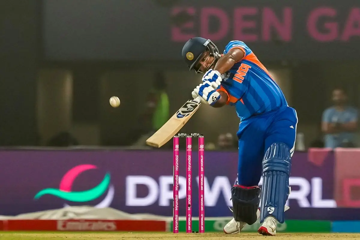 India's Sanju Samson plays a shot during the ICC Men's T20 World Cup 2026 cricket match between India and West Indies, at the Eden Gardens, in Kolkata, West Bengal, Sunday, March 1, 2026. (Photo: PTI)