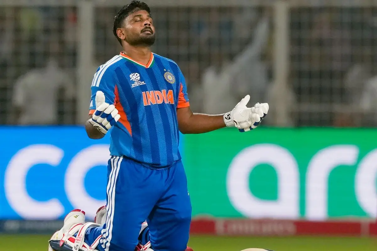Sanju Samson reacts after India won the ICC Men's T20 World Cup 2026 cricket match between India and West Indies, at the Eden Gardens in Kolkata, West Bengal. | Photo: PTI