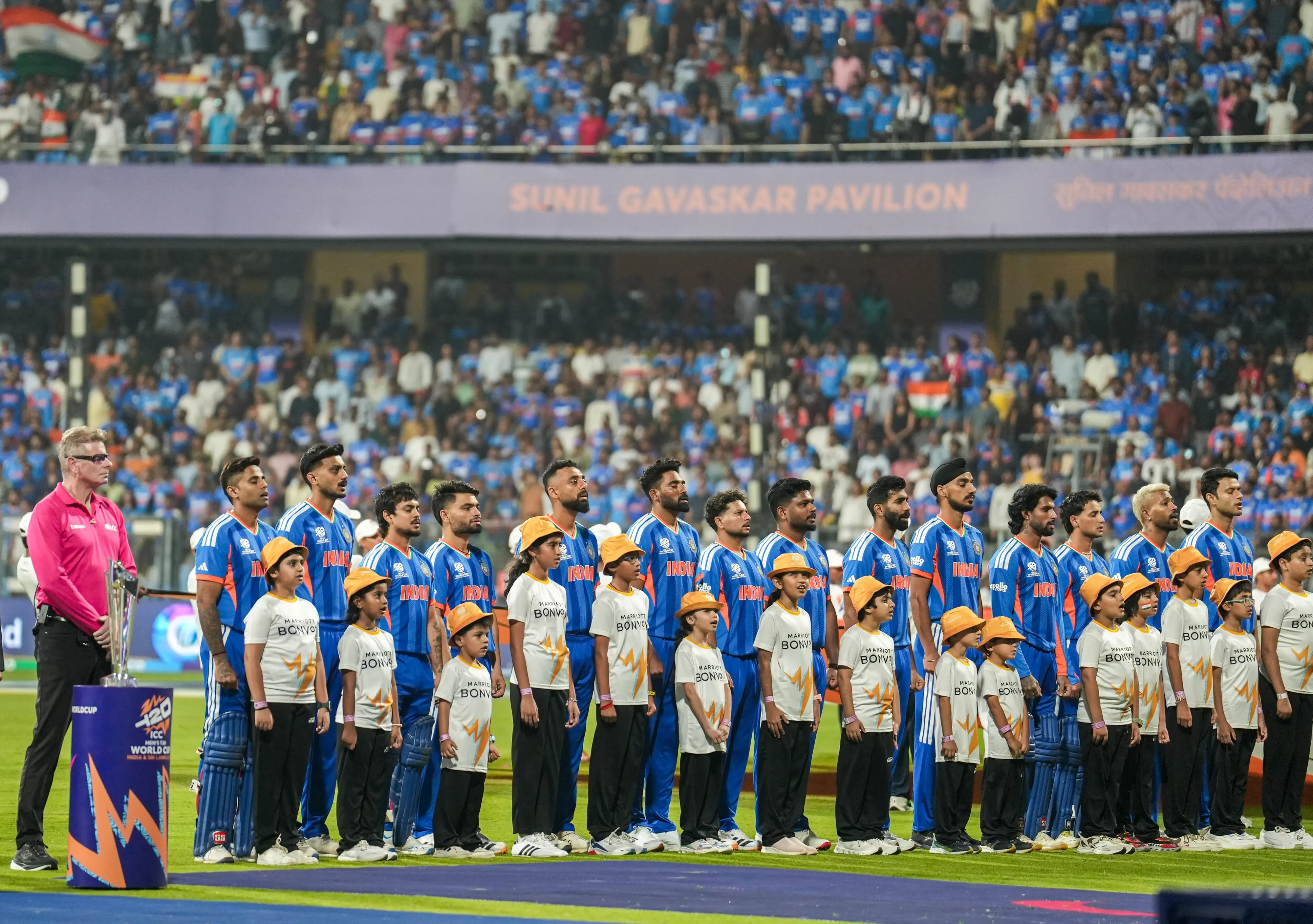 India's players stand for the national anthem before the start of the ICC Men's T20 World Cup 2026 cricket match between India and USA, at the Wankhede Stadium | File photo: PTI