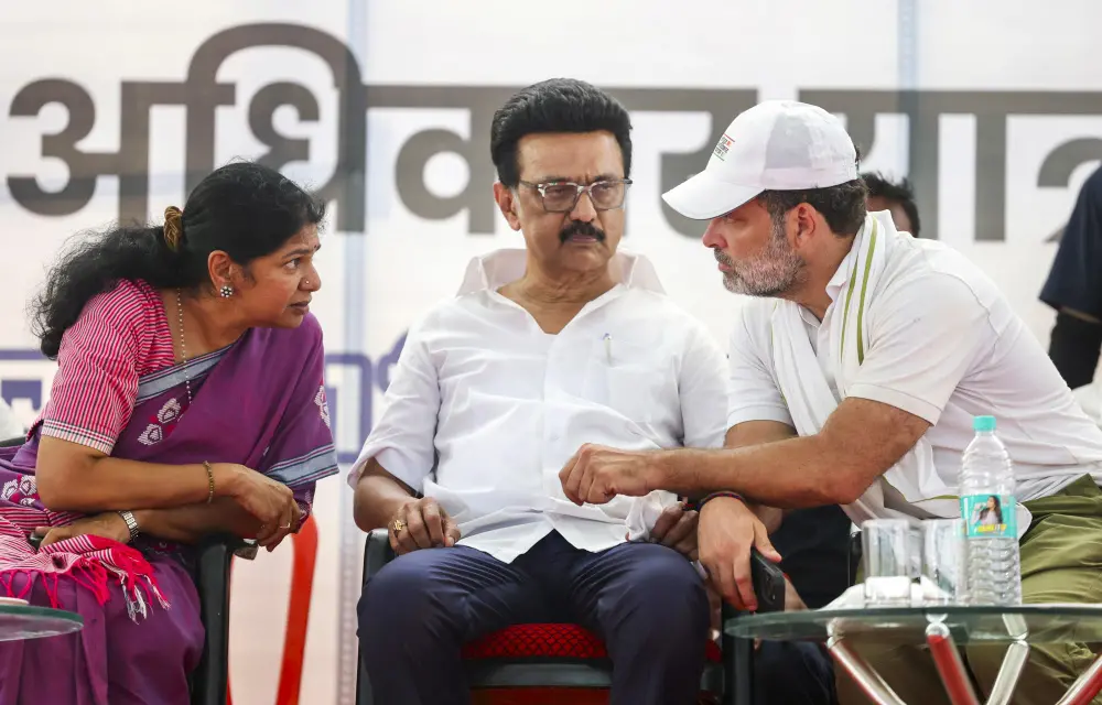 LoP in the Lok Sabha and Congress leader Rahul Gandhi, Tamil Nadu Chief Minister MK Stalin and DMK MP Kanimozhi
