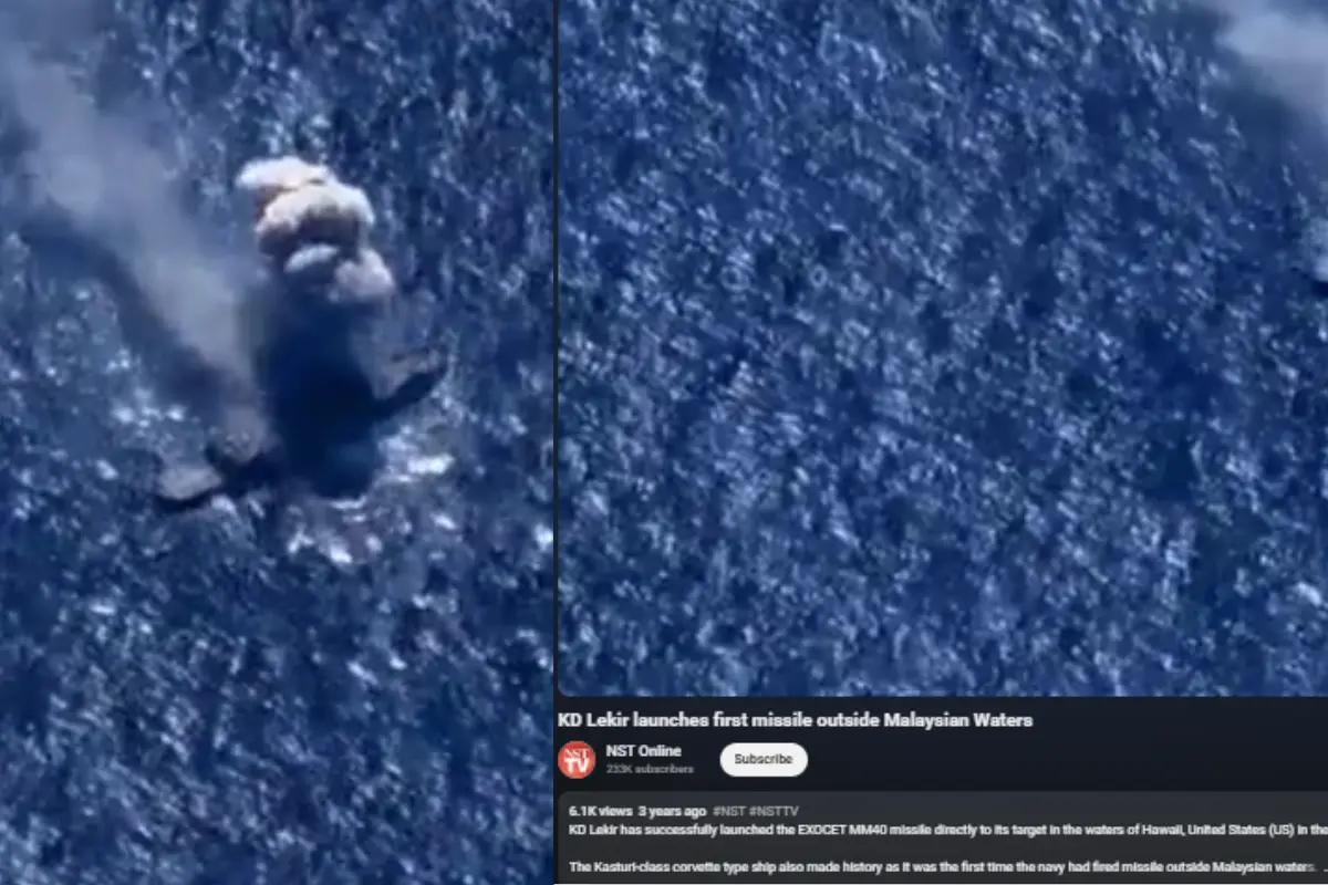 A screengrab of the original video on YouTube showing KD Lekir launching missile outside Malaysian Waters and destroying the target, a decommissioned USS Rodney M. Davis (FFG-60).