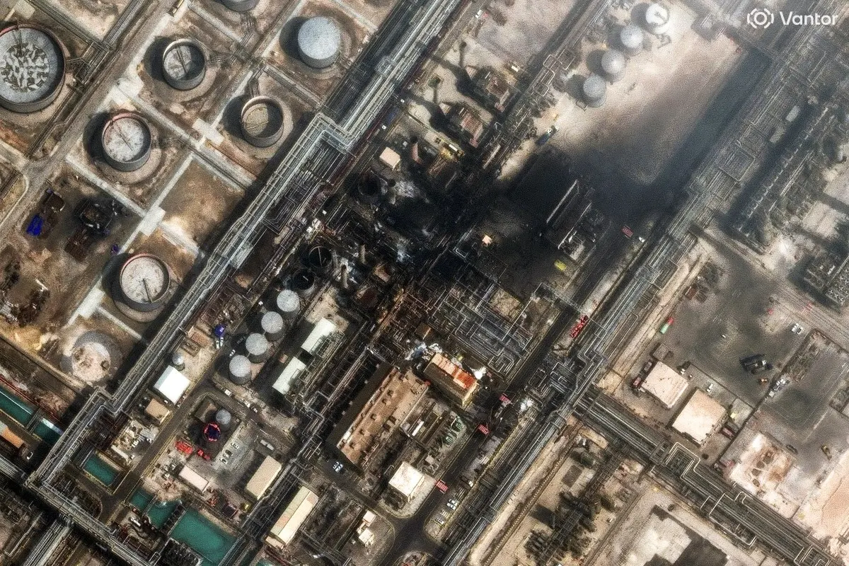 File photo- This satellite image provided by Vantor shows damage after a drone attack at Ras Tanura oil refinery, in Saudi Arabia, Monday, March 2, 2026.