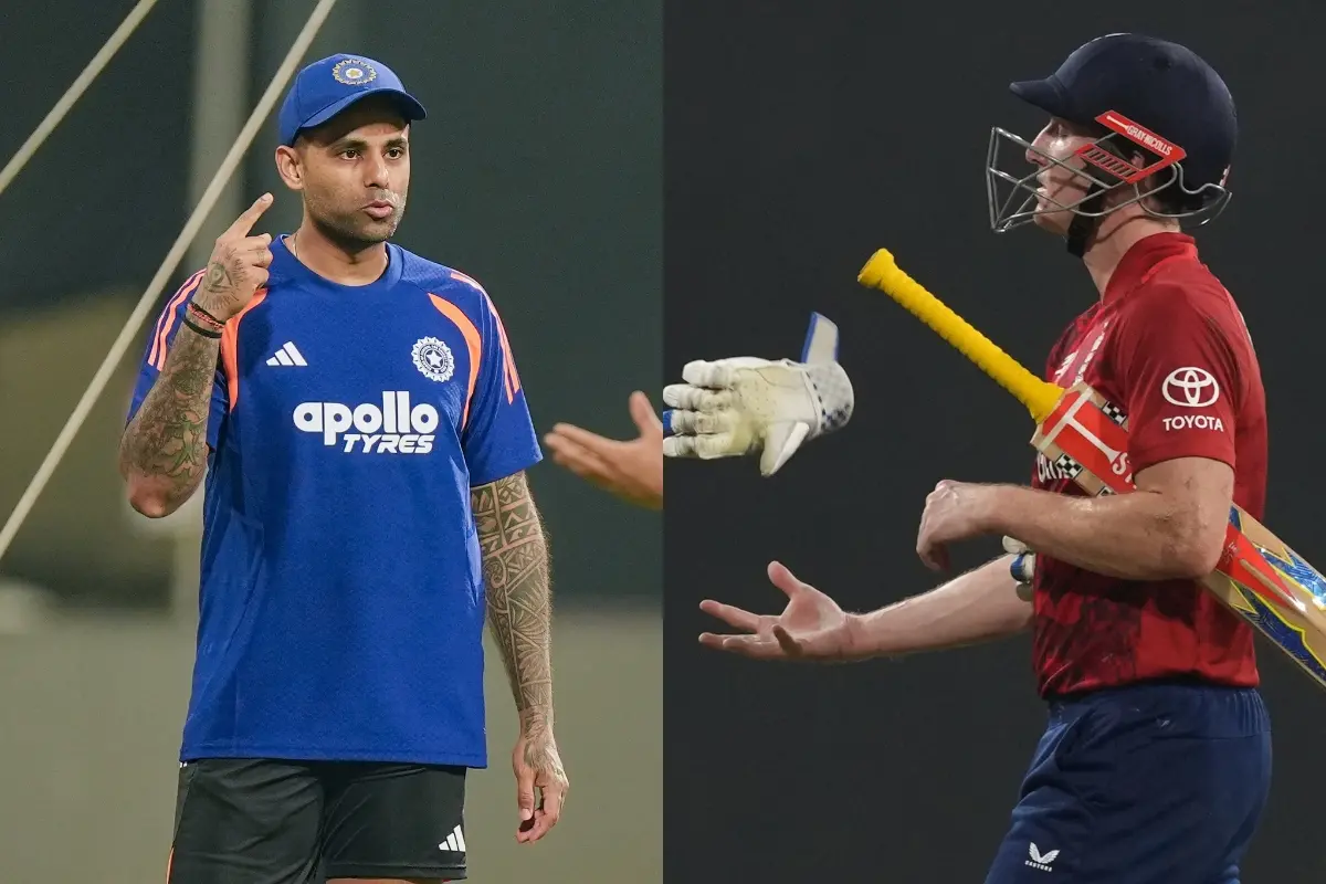 India's captain Suryakumar Yadav ( L) and England's captain Harry Brook