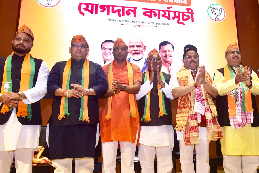 Former Congress leaders Kamalakhya Dey Purkayastha and Basanta Das in the presence of Assam Bharatiya Janata Party (BJP) President Dilip Saikia join BJP,