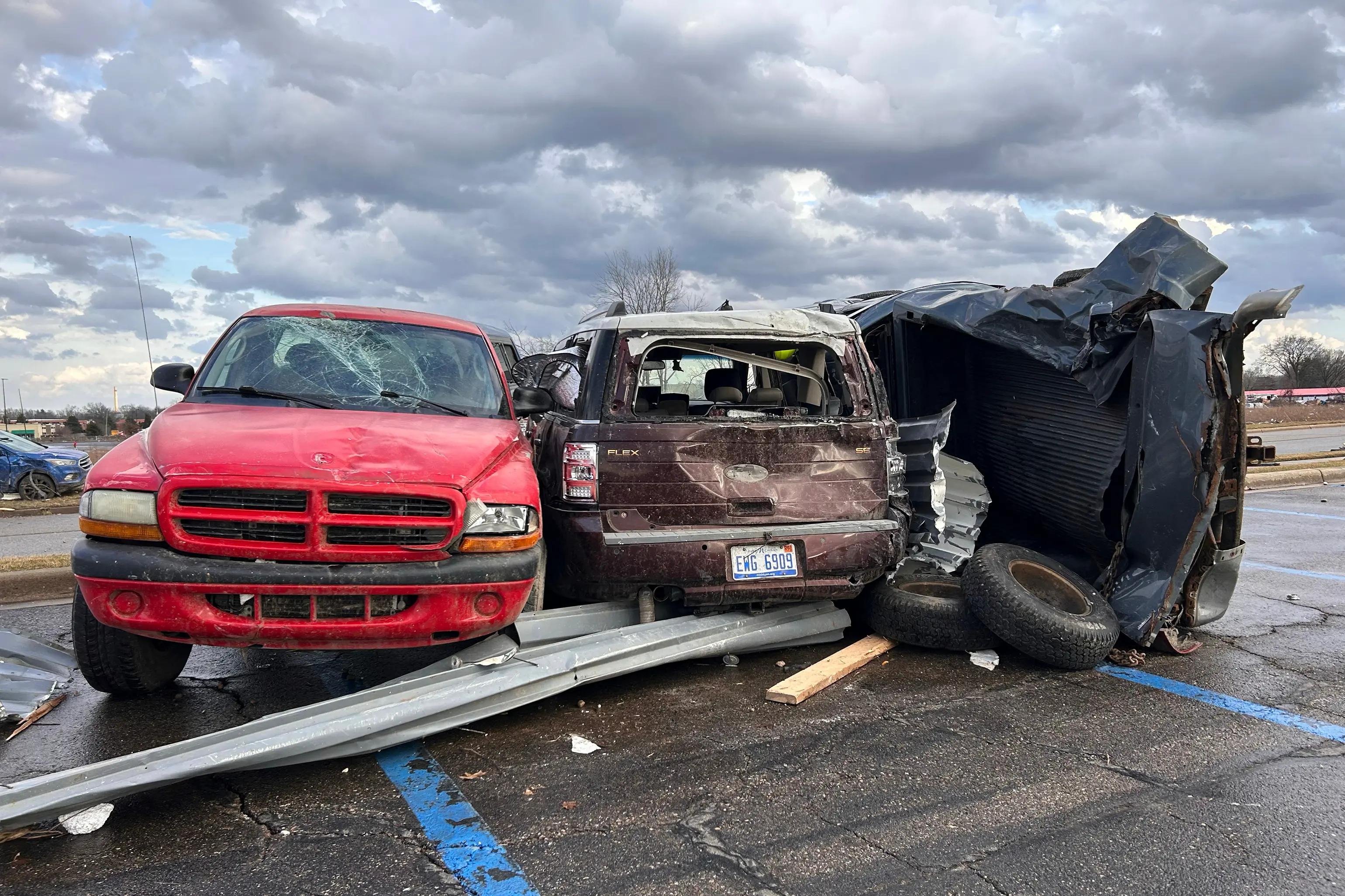Damage is seen after a severe storm in Three Rivers, Mich., Friday, March 6, 2026. (Devin Anderson-Torrez/Jackson Citizen Patriot via AP)