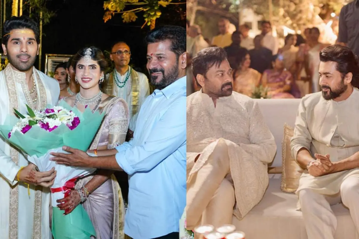 രേവന്ത് റെഡ്ഡി വിവാഹത്തിനെത്തിയപ്പോള്‍/ ചിരഞ്ജീവിയും സൂര്യയും | Photo: x