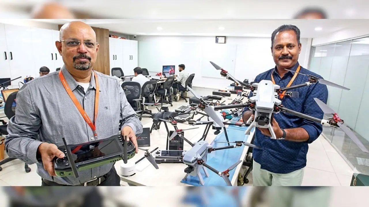 Senior consultant Abdul Noushad and director P J Joseph with the Peregrine drone handed over to the Indian Army and its console at the Research and Development wing of Axel Drone at KINFRA Park at Kalamassery