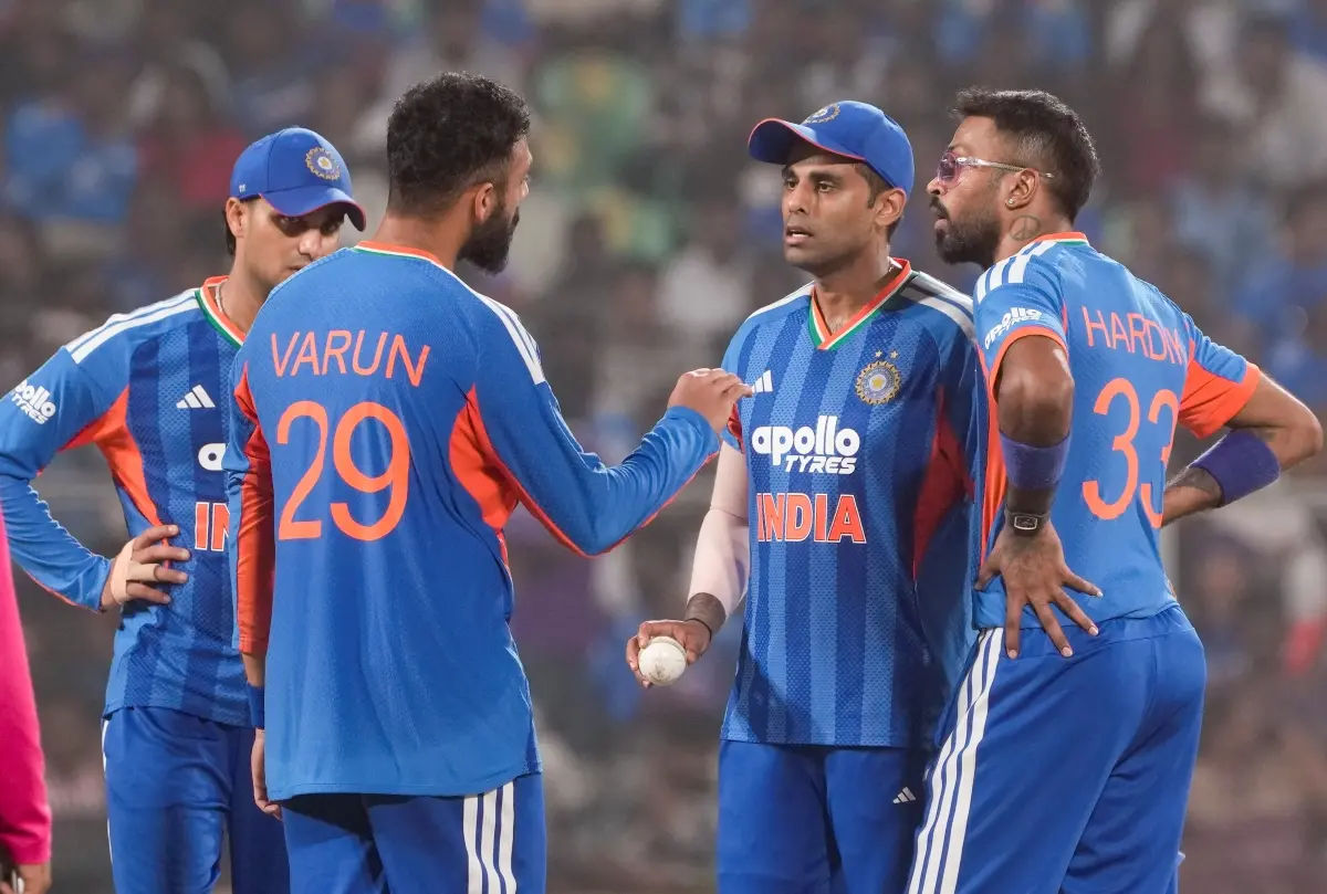 File photo | From left, India's Abhishek Sharma, Varun Chakravarthy, captain Suryakumar Yadav and Hardik Pandya