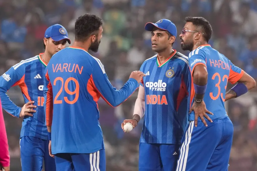 From left, India's Abhishek Sharma, Varun Chakravarthy, captain Suryakumar Yadav and Hardik Pandya