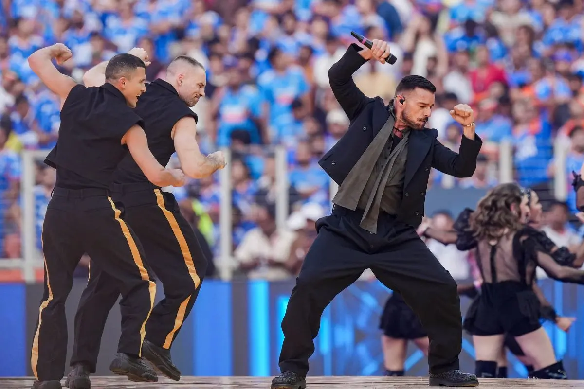 Puerto Rican singer Ricky Martin performs before the start of the ICC Men's T20 World Cup 2026 final cricket match between India and New Zealand at Narendra Modi Stadium in Ahmedabad. | Photo: PTI