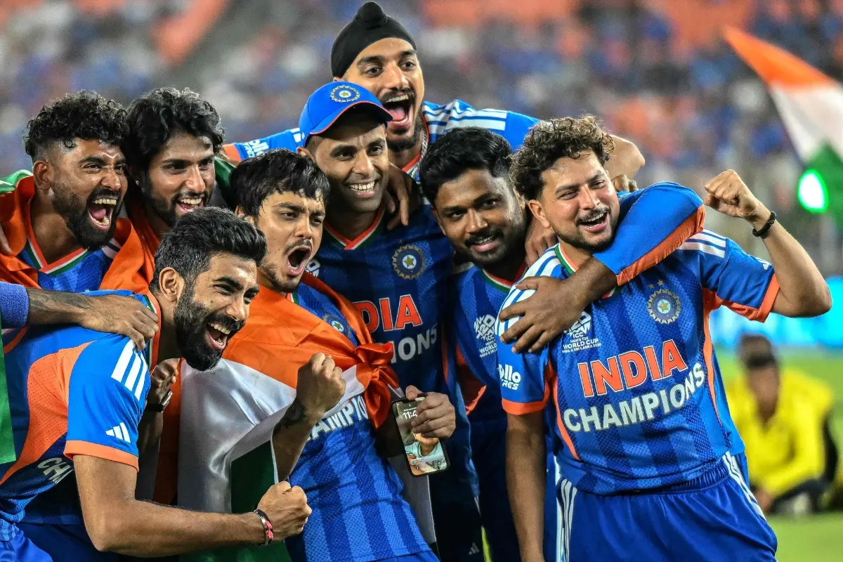 India's players celebrate after winning the 2026 ICC Men's T20 Cricket World Cup final match against New Zealand | Photo: AFP