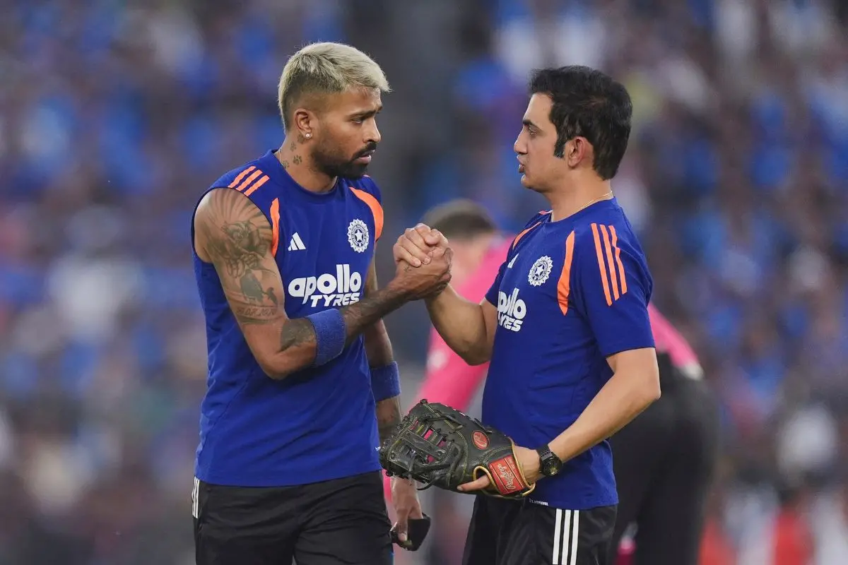India's Hardik Pandya, left, and head coach Gautam Gambhir before the ICC Men's T20 World Cup 2026 final cricket match between India and New Zealand, at Narendra Modi Stadium in Ahmedabad. | Photo: PTI