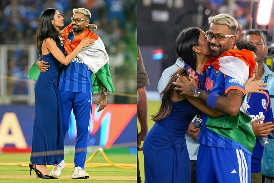 Hardik Pandya and Mahika Sharma celebrating India's T20 World Cup victory on the cricket field