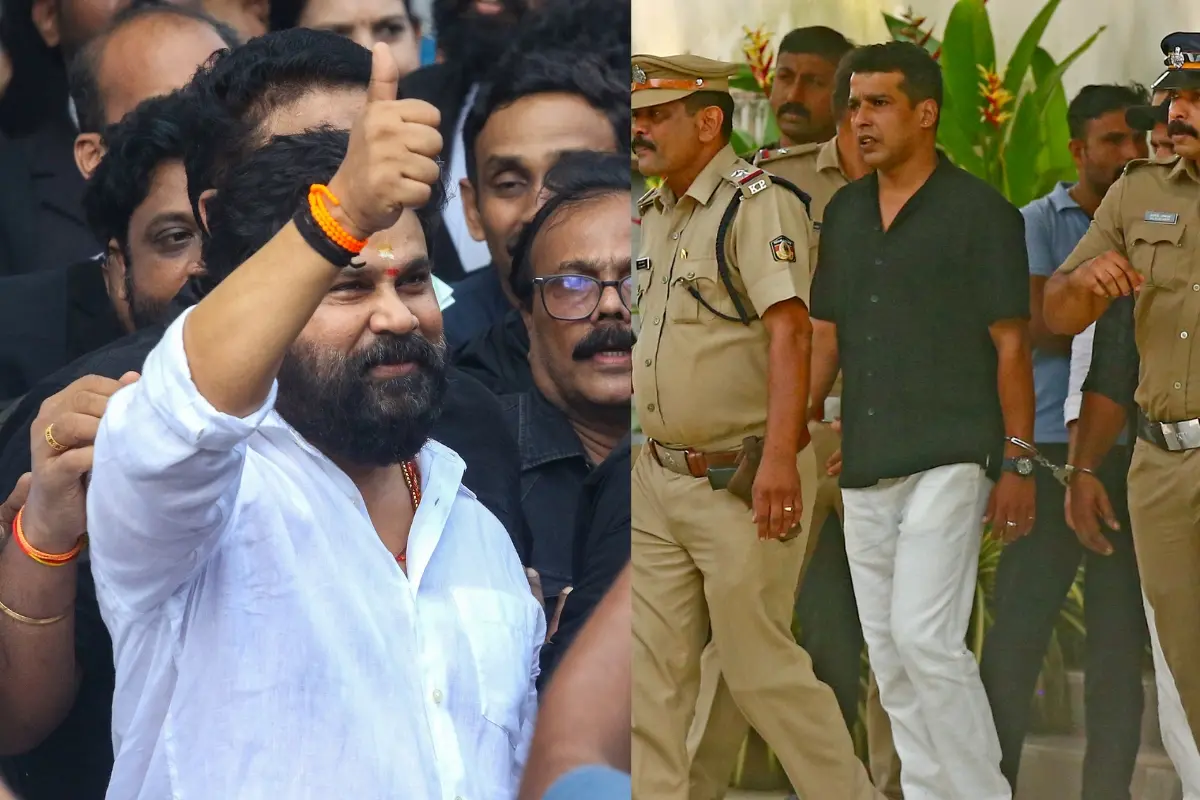 Actor Dileep after being acquitted in the actress assault case, coming out of the Ernakulam court (left) and NS Sunil (Pulsar Suni), the first accused in the actress assault case (right). | File image: PTI.