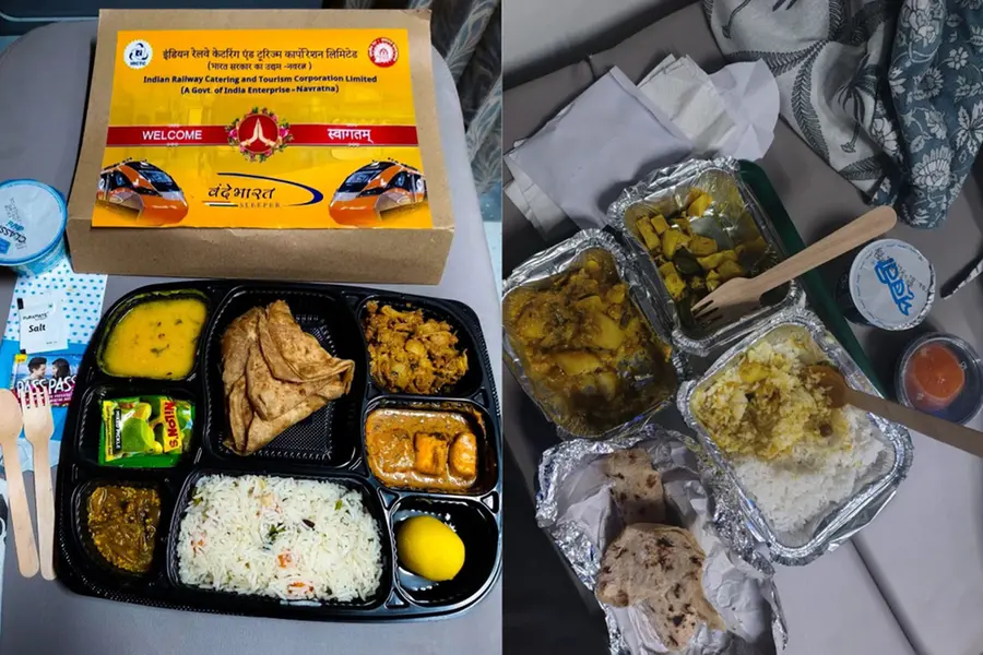 Comparison photos of food served on the inaugural day versus regular service in the Vande Bharat Sleeper train, highlighting the controversy on social media.