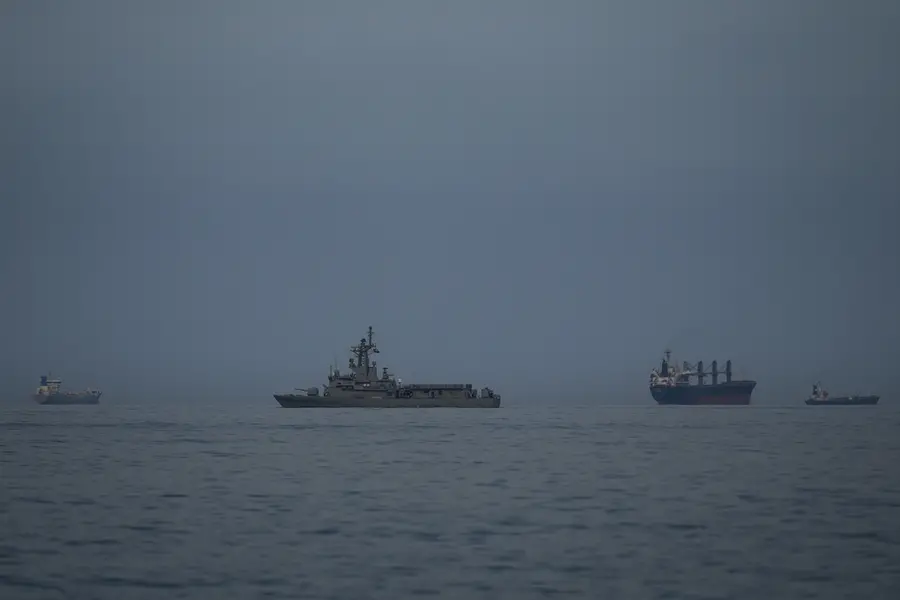 A UAE navy vessel patrols next to cargo ships and oil tankers in the Strait of Hormuz as seen from Khor Fakkan, United Arab Emirates