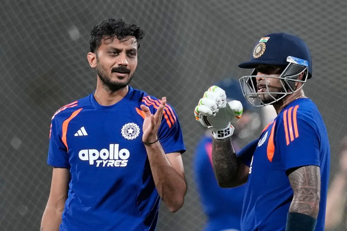 India's captain Suryakumar Yadav, right, and Axar Patel during a practice session ahead of the ICC Men's T20 World Cup 2026 cricket match between India and Zimbabwe, at M. A. Chidambaram Stadium in ChennaI. | Photo: PTI