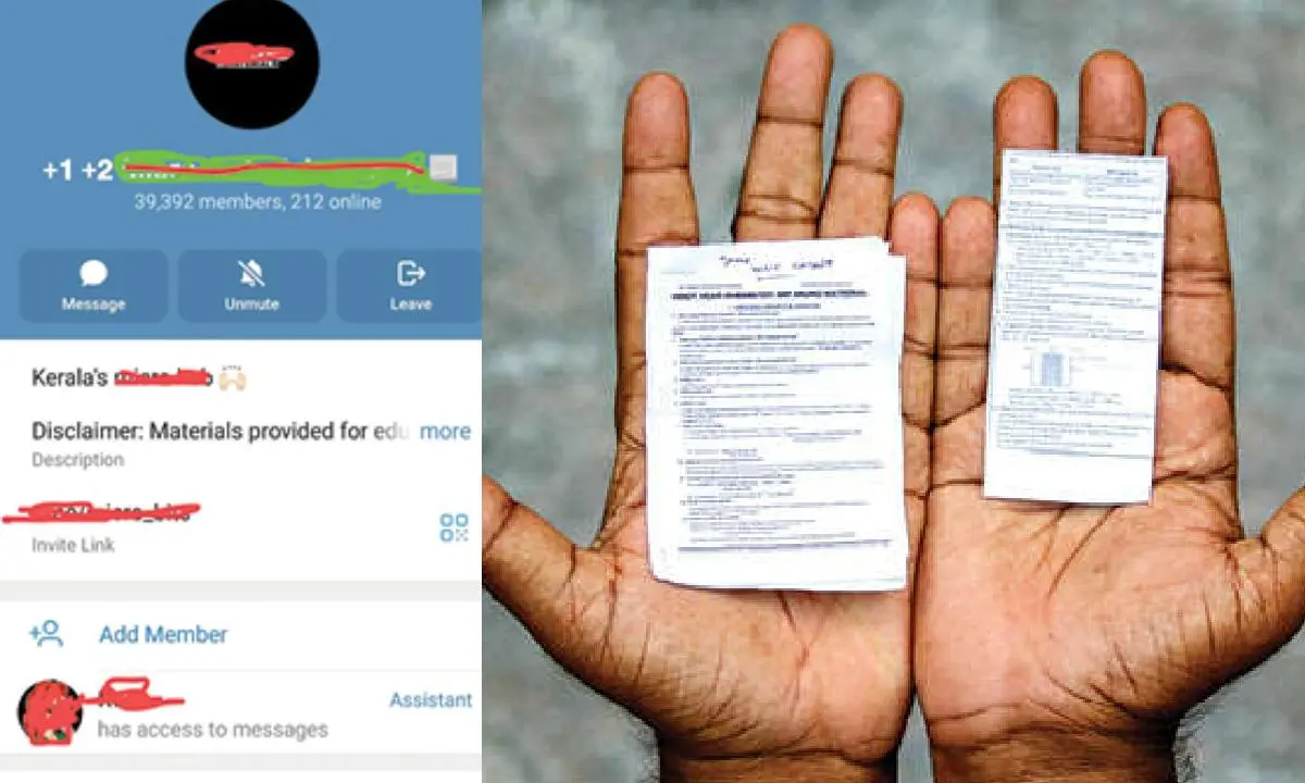 A Telegram page providing condensed lessons for cheating; Micro-prints intended for cheating in the Plus Two examination, seized from an examination hall at a school in Pathanamthitta district | Photo: Aravind Lenin/ Mathrubhumi