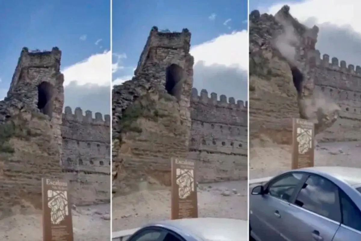 A section of a medieval tower at Spain's historic Castle of Escalona in Toledo collapses, sending dust and debris into the air as captured in a dramatic video; visitors nearby narrowly escaped injury.