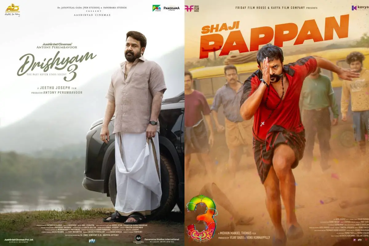 ദൃശ്യം 3, ആട് 3 എന്നീ ചിത്രങ്ങളുടെ പോസ്റ്ററുകൾ | ഫോട്ടോ: Facebook