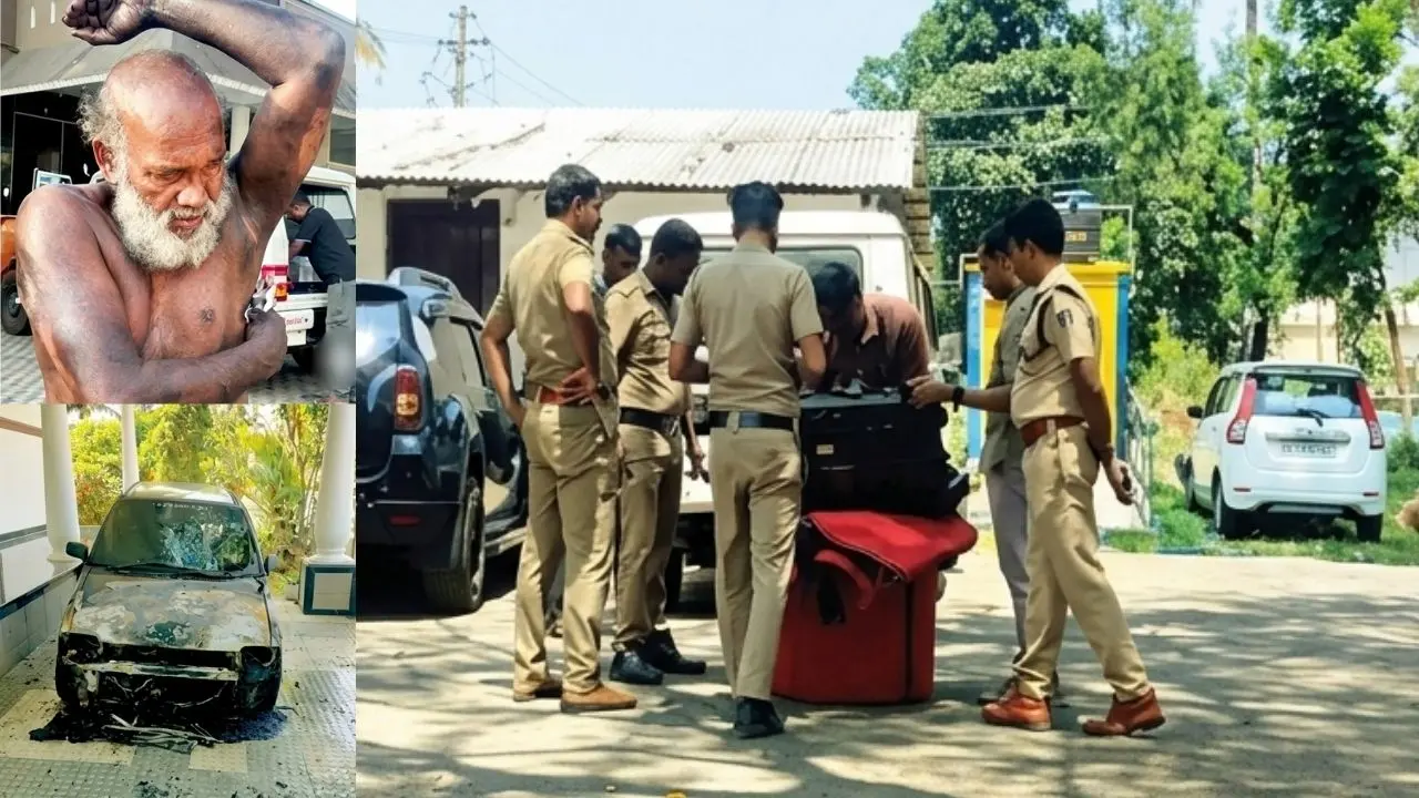 പിടിയിലായ ജോണി, സജീവിന്റെ കത്തിനശിച്ച കാർ, വ്യാജബോംബ് ഡോഗ് സ്ക്വാഡ് പരിശോധിക്കുന്നു