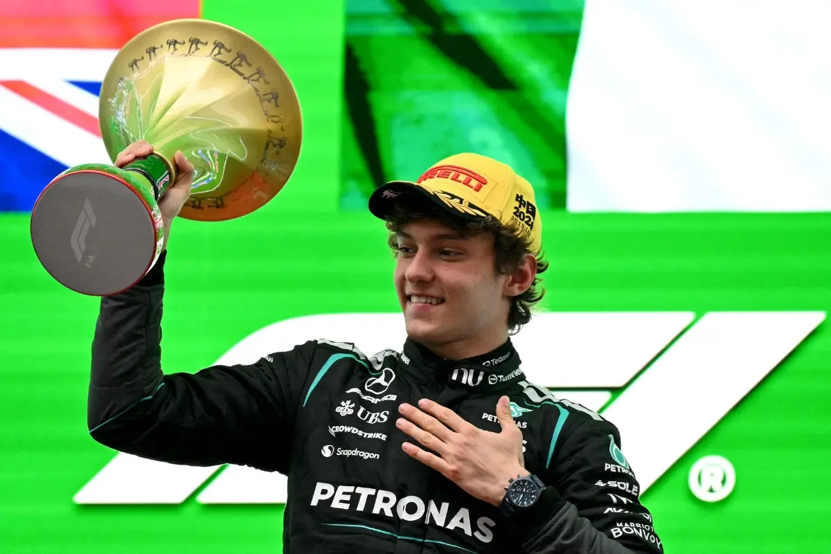 Race winner Mercedes driver Andrea Kimi Antonelli celebrates on the podium after the Formula One Chinese Grand Prix | Photo: AFP