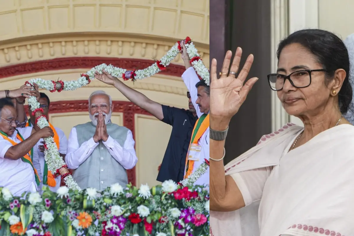 നരേന്ദ്രമോദി സാമിക് ഭട്ടാചാര്യയ്ക്കും സുവേന്ദു അധികാരിക്കുമൊപ്പം, മമത ബാനര്ജി | Photo: ANI, PTI