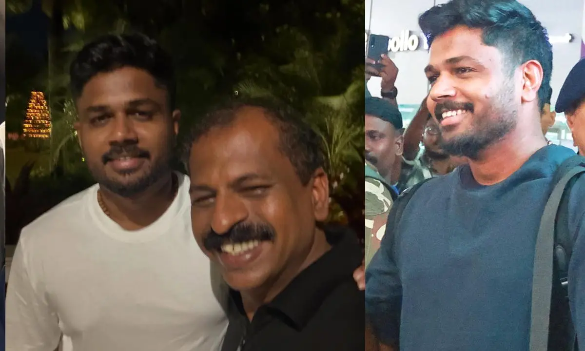 ഷെഫ് പിള്ള ഫേയ്സ്ബുക്കിൽ പങ്കുവെച്ച ചിത്രം, ലോകകപ്പ് കിരീടം നേടി തിരുവനന്തപുരം അന്താരാഷ്ട വിമാനത്താവളത്തിലെത്തിയ സഞ്ജു| ഫോട്ടോ: facebook, mathrubhumi