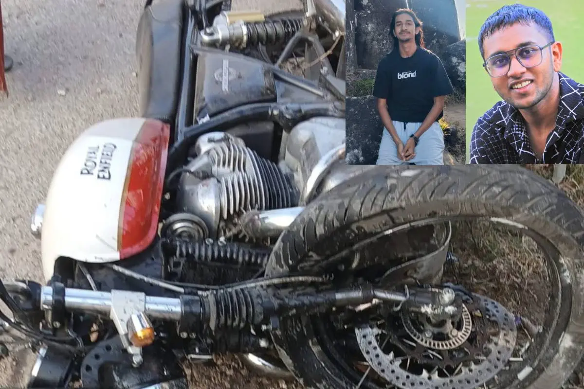 അപകടത്തിൽപ്പെട്ട ബൈക്ക്, ഇൻസെറ്റിൽ മരിച്ച സഹോദരങ്ങൾ