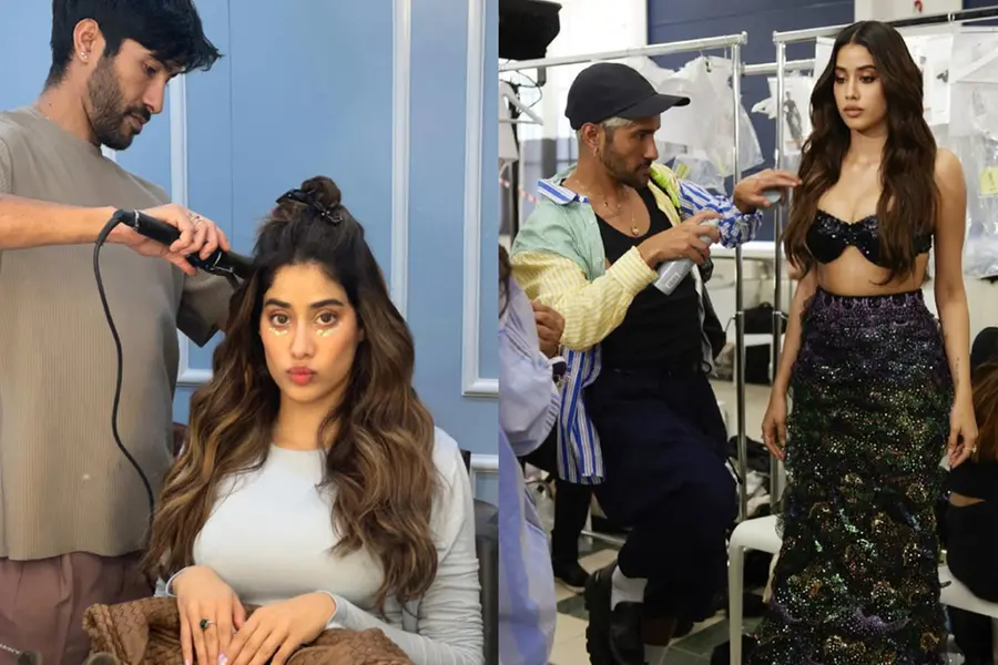 Janhvi Kapoor and celebrity hair stylist Marce Pedrozo in a candid moment from a film set