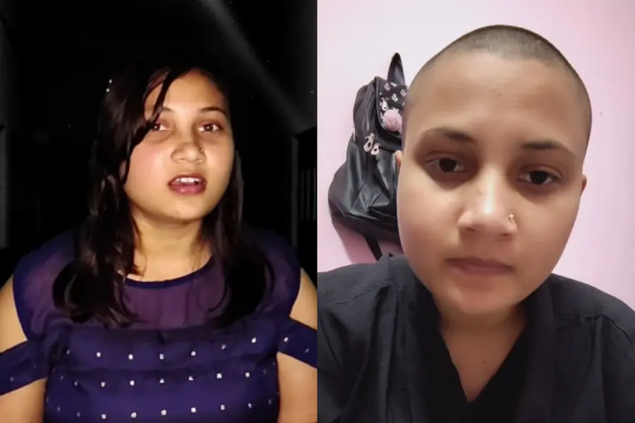 A collage showing the woman before and after shaving her head to protest marriage pressure