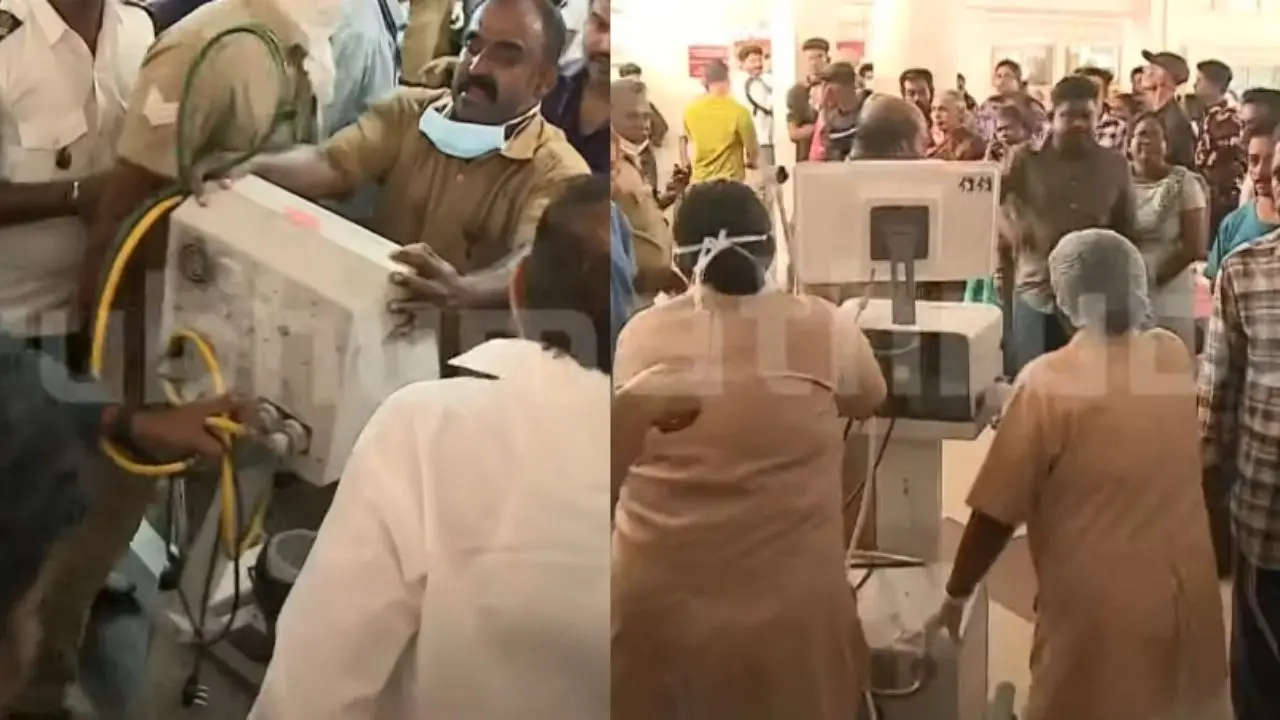 തീപ്പിടിത്തം ഉണ്ടായ അത്യാഹിതവിഭാഗത്തിൽനിന്നും മെഷീനുകൾ പുറത്തേക്ക് മാറ്റുന്നു