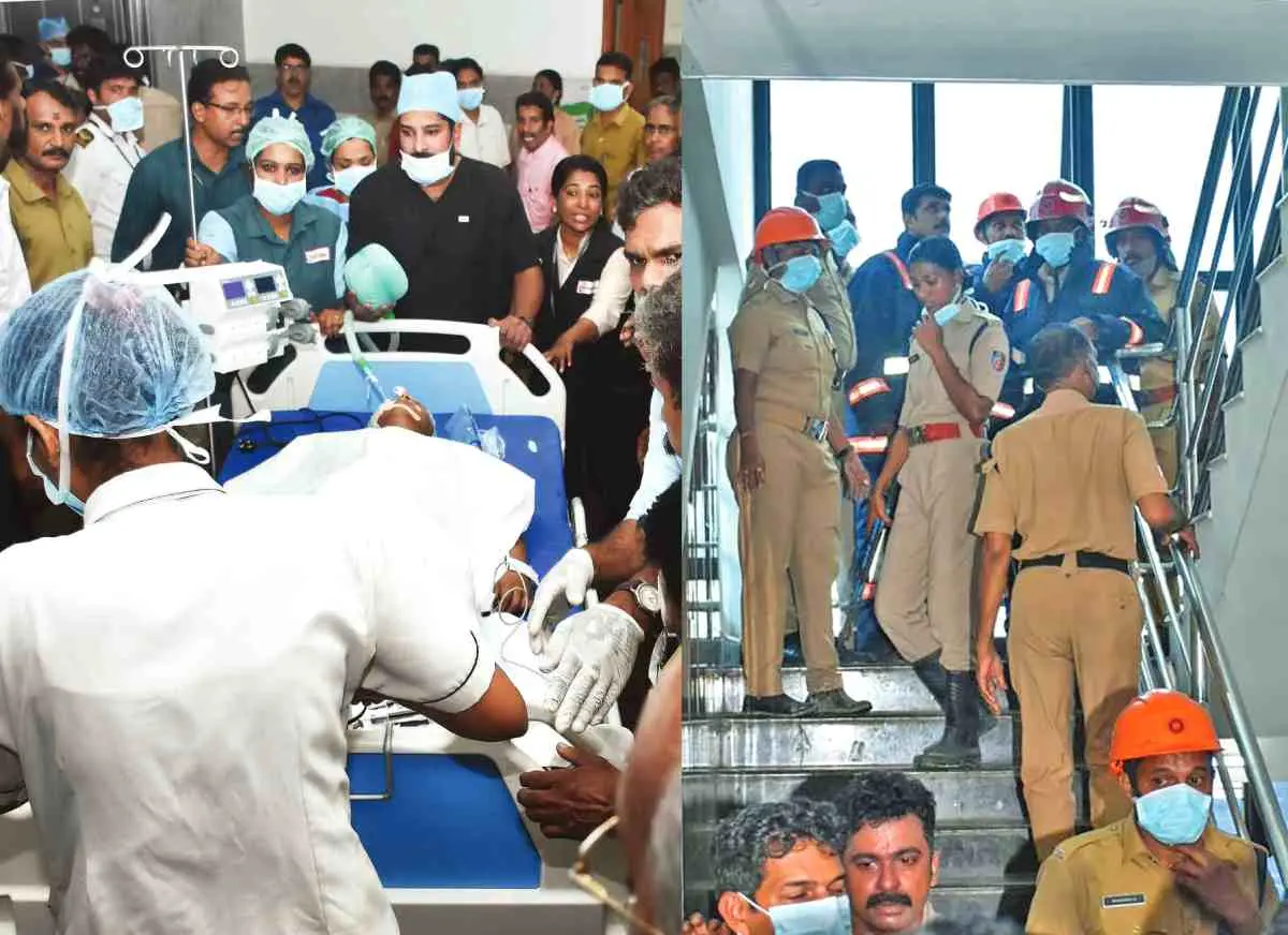 തിരുവനന്തപുരം മെഡിക്കൽ കോളേജിലെ മൾട്ടി സ്പെഷ്യാലിറ്റി ബ്ലോക്കിലെ ഒന്നാംനിലയിലെ ഇന്റെൻസീവ് കെയർ യൂണിറ്റിൽ തീപ്പിടിത്തം ഉണ്ടായതിനെത്തുടർന്ന് രോഗികളെ സുരക്ഷിതസ്ഥാനത്തേക്കു മാറ്റുന്നു, തിരുവനന്തപുരം മെഡിക്കൽ കോളേജിലെ മൾട്ടി സ്പെഷ്യാലിറ്റി ബ്ലോക്കിലെ ഒന്നാം നിലയിലെ ഇന്റെൻസീവ് കെയർ യൂണിറ്റിലുണ്ടായ തീപ്പിടിത്തം കെടുത്താൻ എത്തിയ അഗ്നിരക്ഷസേന