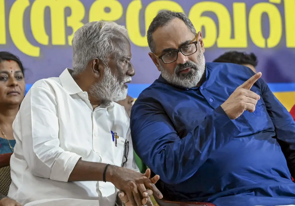 Rajeev Chandrasekhar with party leader Kummanam Rajasekharan | PTI