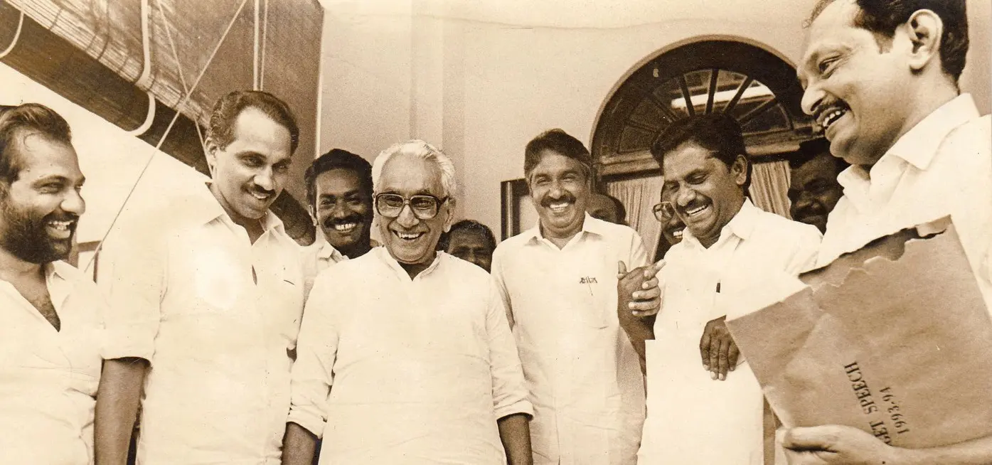 Former Udumbanchola MLA E.M. Augusthy seen with K. Karunakaran and Oommen Chandy