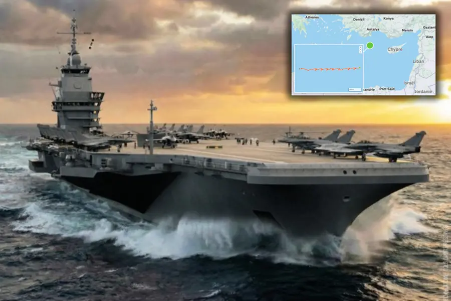 The French aircraft carrier Charles de Gaulle sailing in the ocean, highlighting the risks of personal GPS tracking in military zones