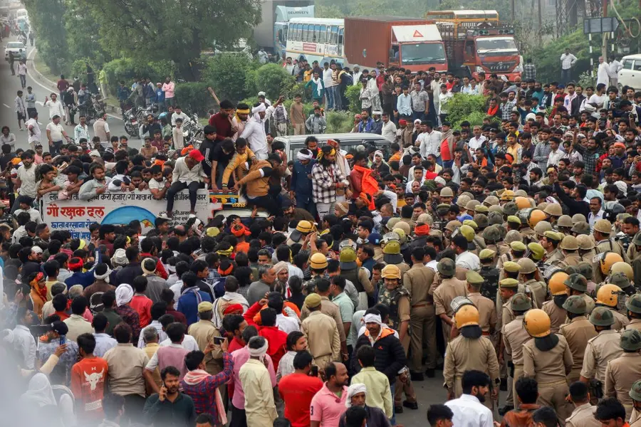 A scuffle broke out between police and locals as people blocked the road and protested against the death of a 'Gau Rakshak' who was allegedly run over by cattle smugglers, in Mathura
