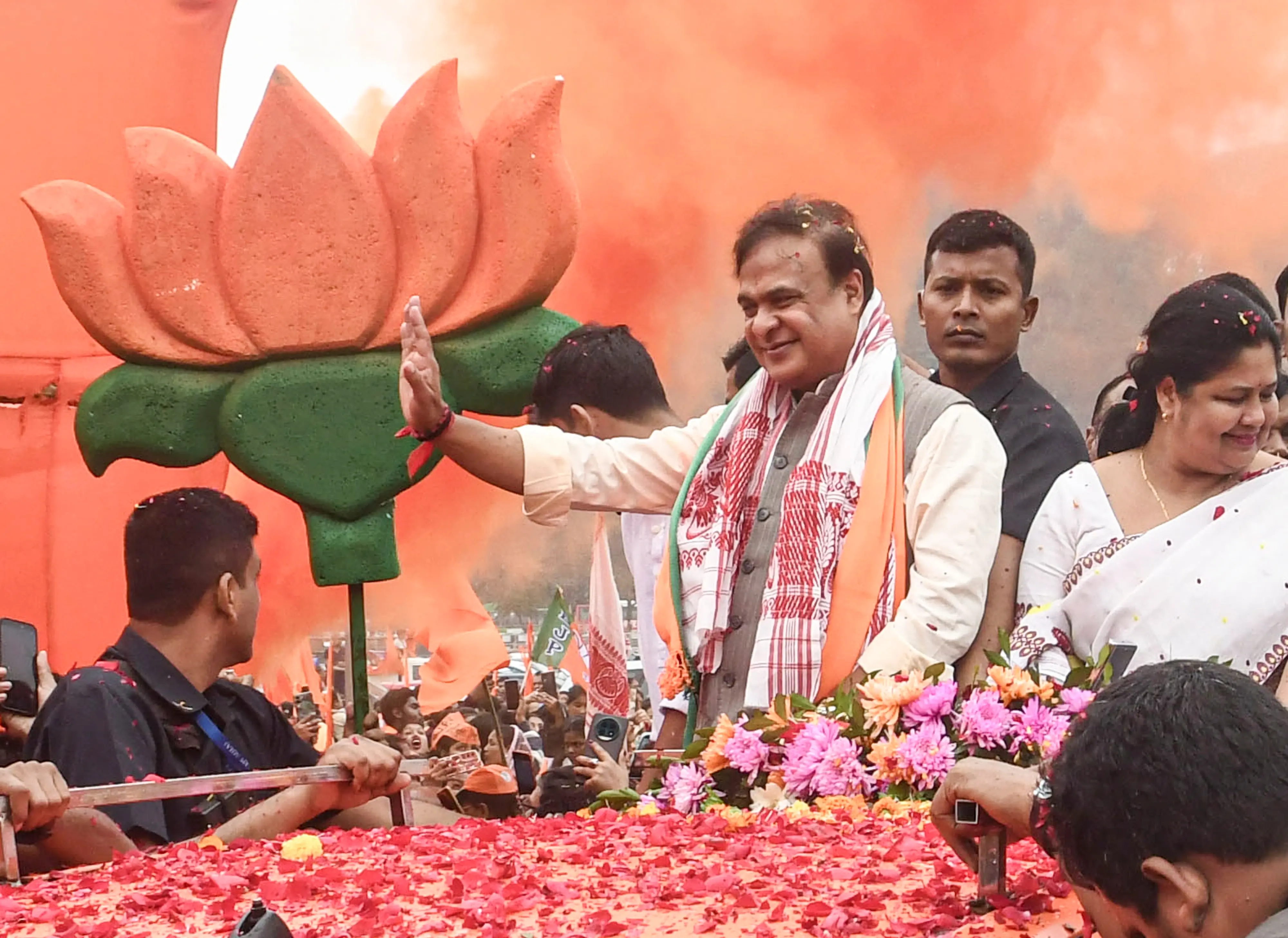 Assam Chief Minister Himanta Biswa Sarma takes part in a rally en route to file nomination | Photo: PTI
