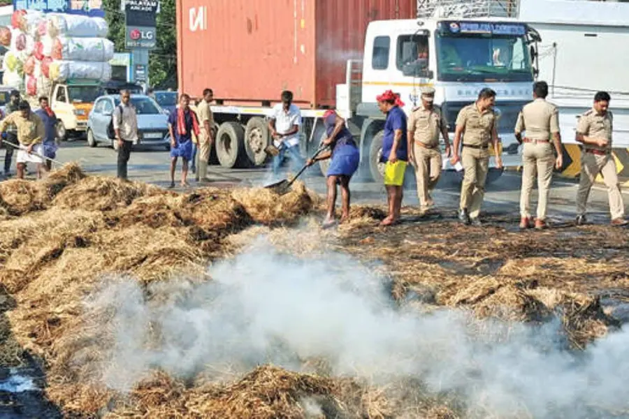 Lorry carrying hay catches fire, travels 20 km before blaze is put out on NH stretch in Kerala