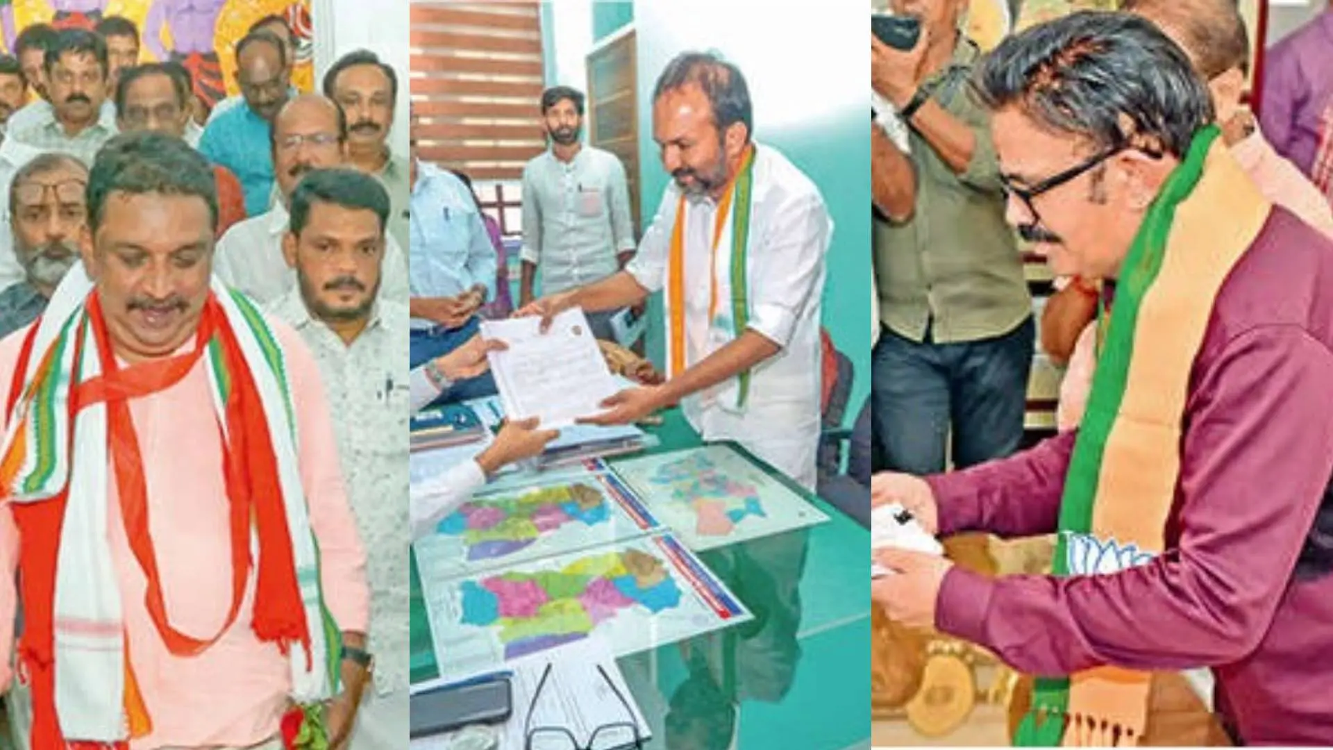 ചവറ മണ്ഡലത്തിലെ യുഡിഎഫ് സ്ഥാനാര്‍ഥി ഷിബു ബേബിജോണ്‍ നാമനിര്‍ദേശപത്രിക സമര്‍പ്പിച്ചശേഷം മടങ്ങുന്നു, കുണ്ടറ നിയോജകമണ്ഡലത്തിലെ യുഡിഎഫ് സ്ഥാനാര്‍ഥി പി.സി. വിഷ്ണുനാഥ് പത്രിക നല്‍കുന്നു, കൊല്ലം മണ്ഡലത്തിലെ എന്‍ഡിഎ സ്ഥാനാര്‍ഥി ഡോ. എന്‍. പ്രതാപ്കുമാര്‍ പത്രിക സമര്‍പ്പിക്കുന്നു.