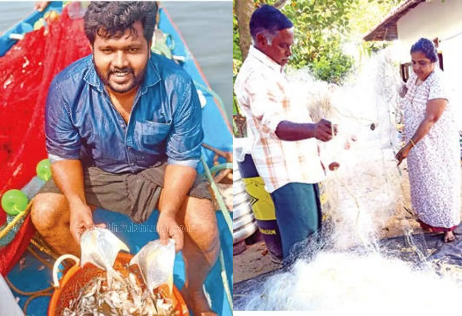 Alappuzha Assembly constituency UDF candidate AD Thomas is seen with fish, while his father Dominic Jackson and mother Akkamma prepare fishing nets in front of their house.